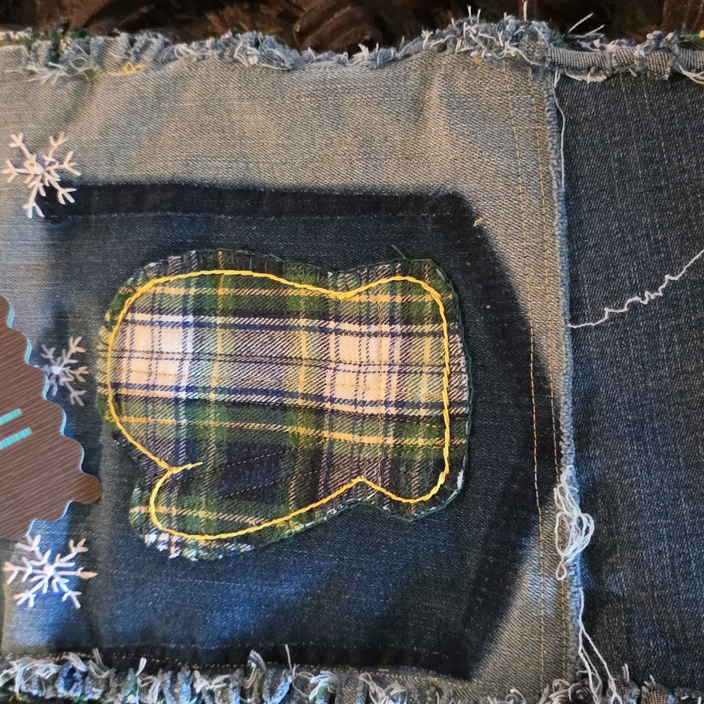 HAND CRAFTED Christmas Stocking UPCYCLED Flannel Fabric Denim Blue Jeans - Picture 3 of 12